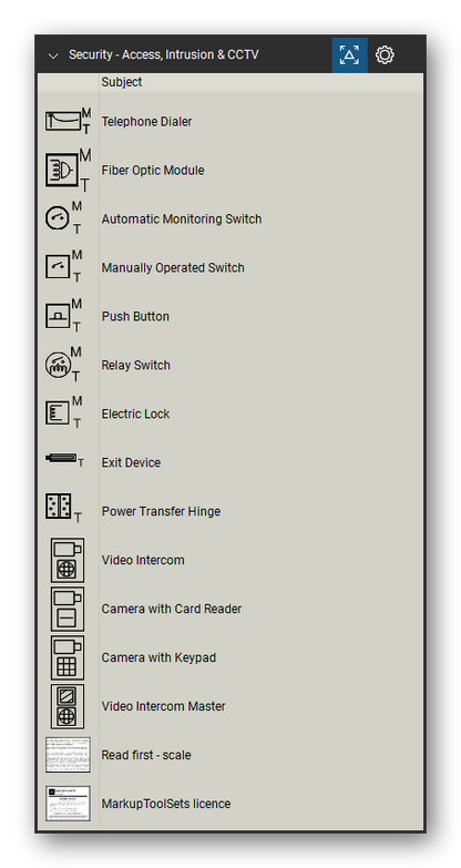 Security & Surveillance tool set for Bluebeam Revu, Access, Intrusion & CCTV set (tools 32-44 of 44) - 13 tools: Telephone Dialer, Fiber Optic Module, Automatic Monitoring Switch, Manually Operated Switch, Push Button, Relay Switch, Electric Lock, Exit Device, Power Transfer Hinge, Video Intercom and 3 more. Tool Chest in Detail view, one row per tool with its name.