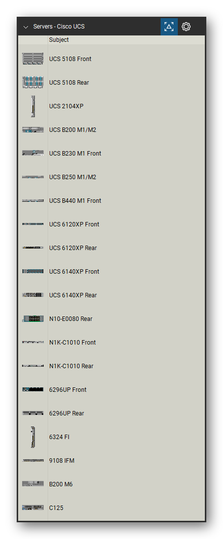 Servers tool set for Bluebeam Revu, Cisco UCS set (tools 1-20 of 249) - 20 views of 15 devices, front and rear: UCS 5108, UCS 2104XP, UCS B200 M1/M2, UCS B230 M1, UCS B250 M1/M2, UCS B440 M1, UCS 6120XP, UCS 6140XP, N10-E0080, N1K-C1010 and 5 more. Tool Chest in Detail view, one row per tool with its name.