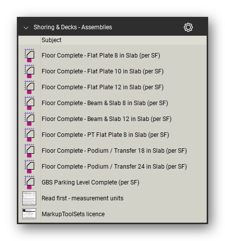 Assemblies in the Shoring & Elevated Decks Takeoff & Estimating Bluebeam tool set