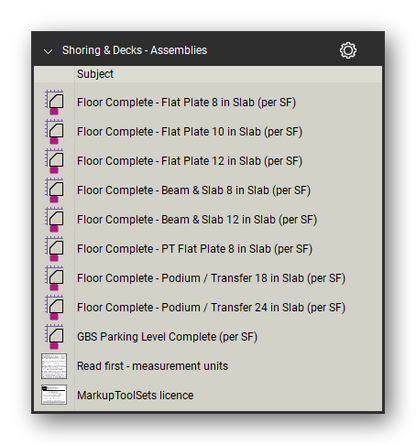 Assemblies in the Shoring & Elevated Decks Takeoff & Estimating Bluebeam tool set