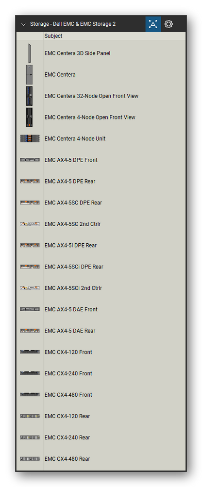 Storage & Backup tool set for Bluebeam Revu, Dell EMC & EMC Storage 2 set (tools 1-20 of 176) - 20 views of 15 devices, front and rear: EMC Centera 3D Side Panel, EMC Centera, EMC Centera 32-Node Open, EMC Centera 4-Node Open, EMC Centera 4-Node Unit, EMC AX4-5 DPE, EMC AX4-5SC DPE, EMC AX4-5SC 2nd Ctrlr, EMC AX4-5i DPE, EMC AX4-5SCi DPE and 5 more. Tool Chest in Detail view, one row per tool with its name.