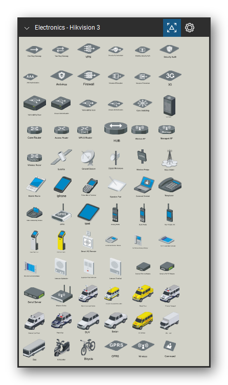Automation & Electronics tool set for Bluebeam Revu, Hikvision 3 set (tools 1-72 of 188) - 72 tools: One-Way Isolation Gateway Icon, Flat, Two-Way Isolation Gateway Icon, Flat, VPN Icon, Flat, Security Authentication Icon, Flat, Desktop Security Authentication Icon, Flat, Security Audit Icon, Flat, AAA Authentication Icon, Flat, Antivirus Icon, Flat, Firewall Icon, Flat, Intrusion Detection Icon, Flat and 62 more. Tool Chest in Symbol view.