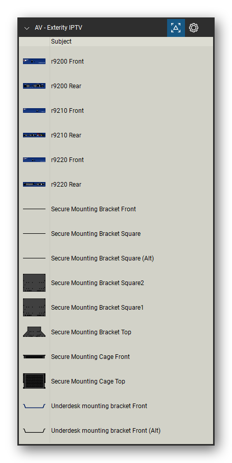 AV, Broadcast & Stage Lighting tool set for Bluebeam Revu, Exterity IPTV set (tools 1-16 of 45) - 16 views of 9 devices, front, rear and top: r9200, r9210, r9220, Secure Mounting Bracket, Secure Mounting Bracket Square, Secure Mounting Bracket Square2, Secure Mounting Bracket Square1, Secure Mounting Cage and Underdesk mounting bracket. Tool Chest in Detail view, one row per tool with its name.