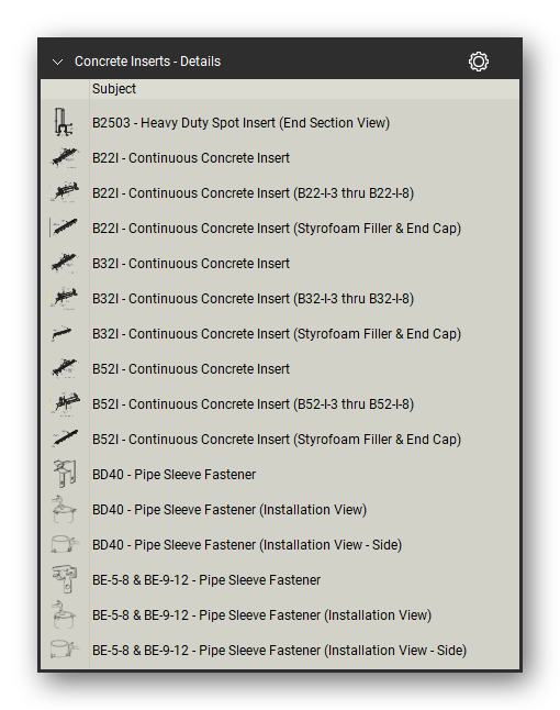 Concrete inserts in the Pipe Hangers and Supports Takeoff & Estimating Bluebeam tool set (sheet 2 of 2)