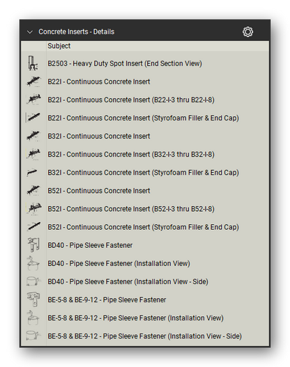 Concrete inserts in the Pipe Hangers and Supports Takeoff & Estimating Bluebeam tool set (sheet 2 of 2)