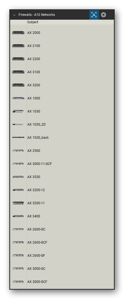 Firewalls & Security Appliances tool set for Bluebeam Revu, A10 Networks set (tools 1-20 of 133) - 20 tools: AX 2000, AX 2100, AX 2200, AX 3100, AX 3200, AX 1000, AX 1030, AX 1030_2D, AX 1030_back, AX 2500 and 10 more. Tool Chest in Detail view, one row per tool with its name.
