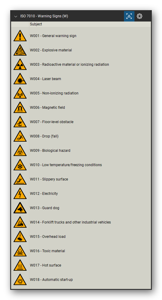 ISO 7010 Safety Signs tool set for Bluebeam Revu, Warning Signs (W) set (part 1 of 5) - 87 yellow warning signs: general warning, explosive, radioactive, laser beam, magnetic field, floor-level obstacle, drop, biological hazard, slippery surface, electricity, forklift trucks, overhead load, toxic, hot surface, crushing, flammable, corrosive, battery charging, pressurized cylinder, arc flash, falling objects, fragile roof and more. Tool Chest in Detail view, one row per sign with its number and full name.