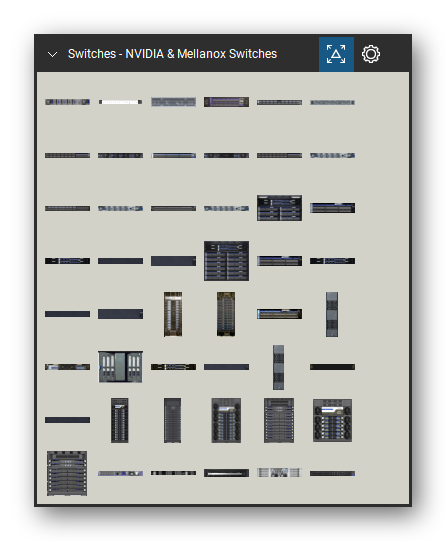 Network Switches & Routers tool set for Bluebeam Revu, NVIDIA & Mellanox Switches set (tools 1-48 of 125) - 48 views of 40 devices, front and rear: Mellanox SB7790_Rear, Mellanox SB7790_Front, Mellanox SX1012, Mellanox SX1016, Mellanox SX1024, Mellanox SX1036, Mellanox SX1400_Front, Mellanox SX1400_Rear, Mellanox SX1410_Front, Mellanox SX1410_Rear and 30 more. Tool Chest in Symbol view.