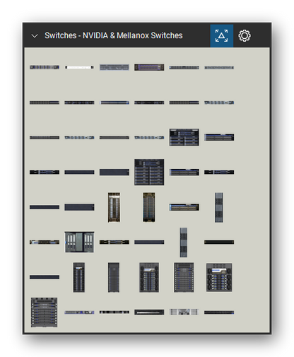 Network Switches & Routers tool set for Bluebeam Revu, NVIDIA & Mellanox Switches set (tools 1-48 of 125) - 48 views of 40 devices, front and rear: Mellanox SB7790_Rear, Mellanox SB7790_Front, Mellanox SX1012, Mellanox SX1016, Mellanox SX1024, Mellanox SX1036, Mellanox SX1400_Front, Mellanox SX1400_Rear, Mellanox SX1410_Front, Mellanox SX1410_Rear and 30 more. Tool Chest in Symbol view.