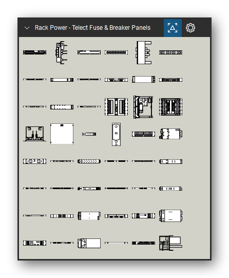 Rack Power tool set for Bluebeam Revu, Telect Fuse & Breaker Panels set (tools 1-48 of 97) - 48 views of 20 devices, front, rear, side and top: 17 Pos. 2RU, 24 Pos. 2RU, 4/5 200A 1RU, 4/4 260A 2RU, 10/10 50A 1RU, BDFBB, BDF Blank Plate, Low Curr. Breakers, High Curr. Breakers, High Curr 3RU and 10 more. Tool Chest in Symbol view.
