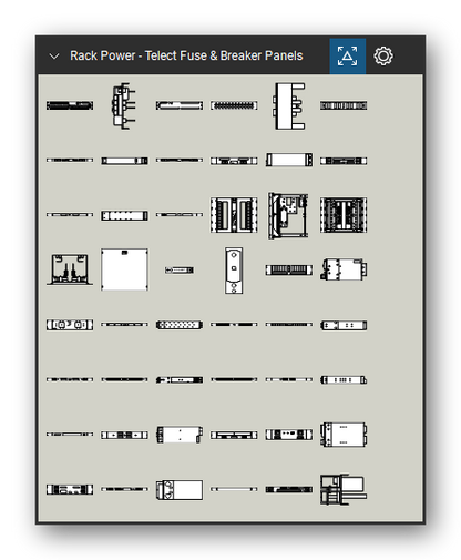 Rack Power tool set for Bluebeam Revu, Telect Fuse & Breaker Panels set (tools 1-48 of 97) - 48 views of 20 devices, front, rear, side and top: 17 Pos. 2RU, 24 Pos. 2RU, 4/5 200A 1RU, 4/4 260A 2RU, 10/10 50A 1RU, BDFBB, BDF Blank Plate, Low Curr. Breakers, High Curr. Breakers, High Curr 3RU and 10 more. Tool Chest in Symbol view.