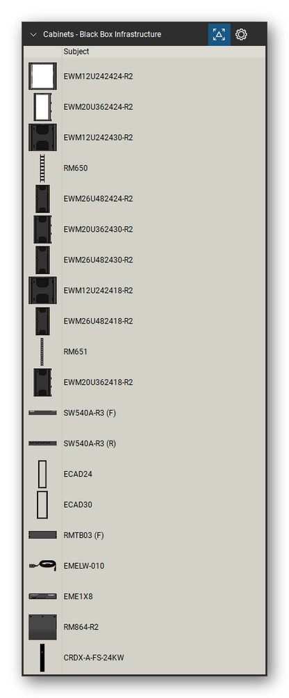Racks, Cabinets & Cable Pathways tool set for Bluebeam Revu, Black Box Infrastructure set (tools 1-20 of 126) - 20 views of 19 devices, front and rear: EWM12U242424-R2, EWM20U362424-R2, EWM12U242430-R2, RM650, EWM26U482424-R2, EWM20U362430-R2, EWM26U482430-R2, EWM12U242418-R2, EWM26U482418-R2, RM651 and 9 more. Tool Chest in Detail view, one row per tool with its name.