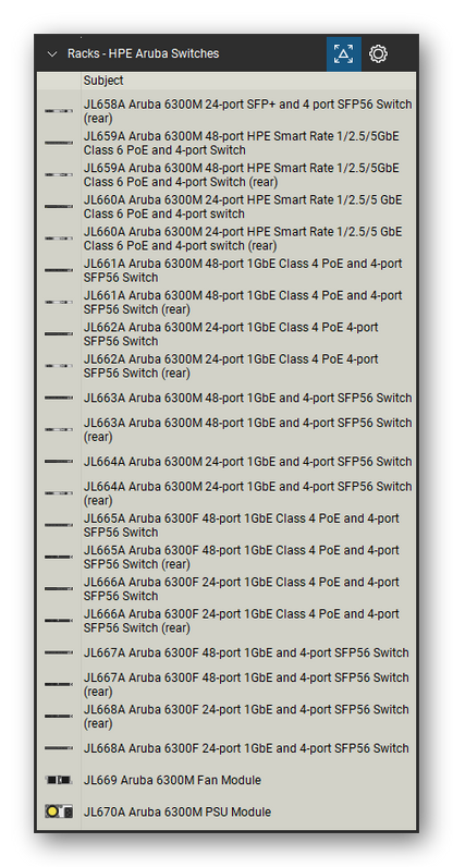 Racks tool set for Bluebeam Revu, HPE Aruba Switches set (part 8 of 10) - 187 views of Aruba 2530, 2540, 2930F, 2930M, 3810M, 5400R, 6200F, 6300, 6400, 8320, 8325 and 8400 switches with their modules, power supplies and fan trays, front and rear, and SFP and QSFP transceivers. Tool Chest in Detail view, one row per tool with its name.