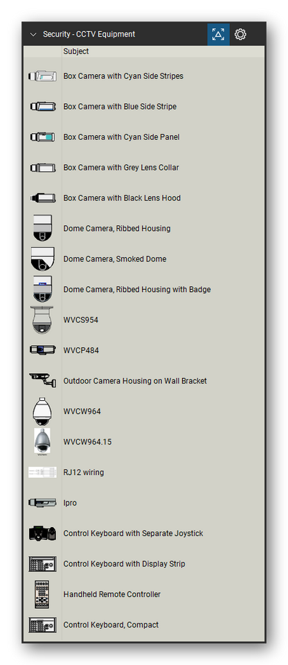 Security & Surveillance tool set for Bluebeam Revu, CCTV Equipment set (tools 1-19 of 54) - 19 tools: Box Camera with Cyan Side Stripes, Box Camera with Blue Side Stripe, Box Camera with Cyan Side Panel, Box Camera with Grey Lens Collar, Box Camera with Black Lens Hood, Dome Camera, Ribbed Housing, Dome Camera, Smoked Dome, Dome Camera, Ribbed Housing with Badge, WVCS954, WVCP484 and 9 more. Tool Chest in Detail view, one row per tool with its name.
