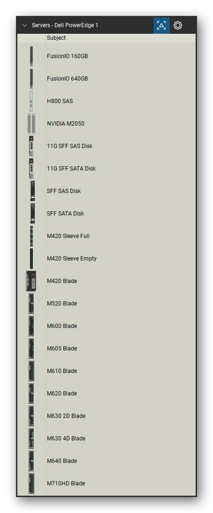 Servers tool set for Bluebeam Revu, Dell PowerEdge 1 set (tools 1-20 of 119) - 20 tools: FusionIO 160GB, FusionIO 640GB, H800 SAS, NVIDIA M2050, 11G SFF SAS Disk, 11G SFF SATA Disk, SFF SAS Disk, SFF SATA Disk, M420 Sleeve Full, M420 Sleeve Empty and 10 more. Tool Chest in Detail view, one row per tool with its name.