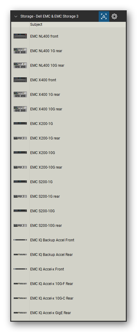 Storage & Backup tool set for Bluebeam Revu, Dell EMC & EMC Storage 3 set (tools 1-20 of 178) - 20 views of 15 devices, front and rear: EMC NL400, EMC NL400 1G, EMC NL400 10G, EMC X400, EMC X400 1G, EMC X400 10G, EMC X200-1G, EMC X200-10G, EMC S200-1G, EMC S200-10G and 5 more. Tool Chest in Detail view, one row per tool with its name.