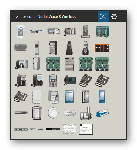 Telecom, Voice & Wireless tool set for Bluebeam Revu, Nortel Voice & Wireless set - 39 tools: BCM50, BCM200, BCM 400, BST-T7316e, T7406e, Call Session Controller, CS 1000, CS1500, CS2000, Nortel 7430 and 29 more. Tool Chest in Symbol view.
