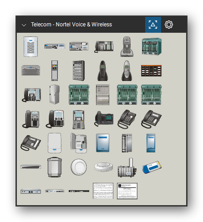 Telecom, Voice & Wireless tool set for Bluebeam Revu, Nortel Voice & Wireless set - 39 tools: BCM50, BCM200, BCM 400, BST-T7316e, T7406e, Call Session Controller, CS 1000, CS1500, CS2000, Nortel 7430 and 29 more. Tool Chest in Symbol view.