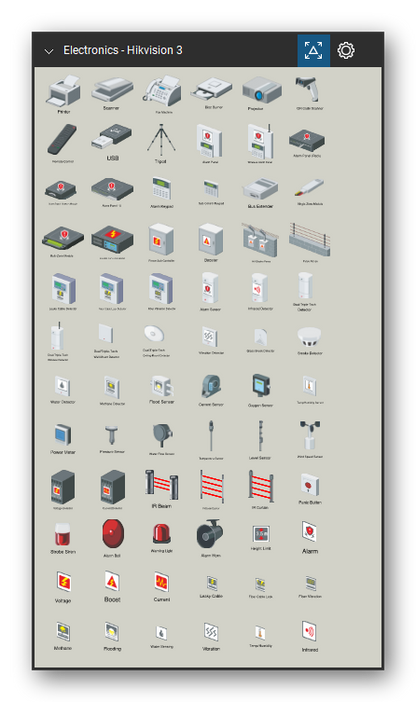 Automation & Electronics tool set for Bluebeam Revu, Hikvision 3 set (tools 73-144 of 188) - 72 tools: Printer, Flatbed Scanner, Fax Machine, Disc Burner, Projector, QR Code Scanner, Remote Control, USB, Tripod, Alarm Control Panel and 62 more. Tool Chest in Symbol view.