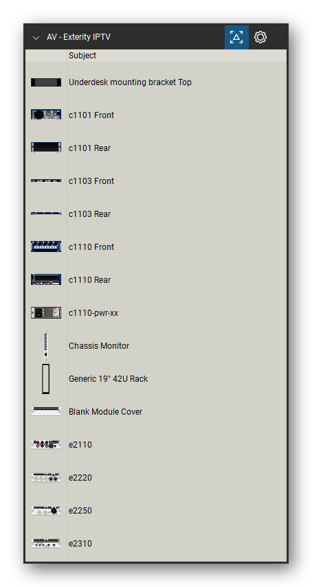 AV, Broadcast & Stage Lighting tool set for Bluebeam Revu, Exterity IPTV set (tools 17-31 of 45) - 15 views of 12 devices, front, rear and top: Underdesk mounting bracket, c1101, c1103, c1110, c1110-pwr-xx, Chassis Monitor, Generic 19" 42U Rack, Blank Module Cover, e2110, e2220 and 2 more. Tool Chest in Detail view, one row per tool with its name.