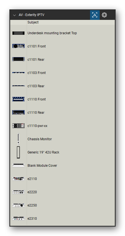 AV, Broadcast & Stage Lighting tool set for Bluebeam Revu, Exterity IPTV set (tools 17-31 of 45) - 15 views of 12 devices, front, rear and top: Underdesk mounting bracket, c1101, c1103, c1110, c1110-pwr-xx, Chassis Monitor, Generic 19" 42U Rack, Blank Module Cover, e2110, e2220 and 2 more. Tool Chest in Detail view, one row per tool with its name.
