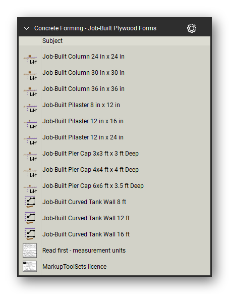 Job built plywood forms in the Concrete Forming Takeoff & Estimating Bluebeam tool set (sheet 3 of 3)