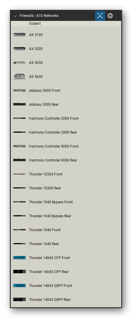 Firewalls & Security Appliances tool set for Bluebeam Revu, A10 Networks set (tools 21-40 of 133) - 20 views of 12 devices, front and rear: AX 5100, AX 5200, AX 3030, AX 5630, aGalaxy 5000, Harmony Controller 2000, Harmony Controller 8000, Thunder 1030S, Thunder 1040 Bypass, Thunder 1040 and 2 more. Tool Chest in Detail view, one row per tool with its name.