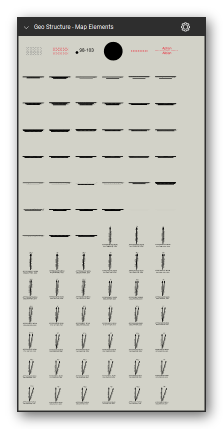 Geologic Structure & Mapping tool set for Bluebeam Revu: Map Elements set, tools 169-252 of 327 (31.19 to 36.1) - Area of outcrop in surficial deposits, Sample locality, Field station locality, as shown on small-scale maps or on page-size illustrations, Chronostratigraphic zone, chronozone, or stage boundary, Chronostratigraphic-zone, chronozone, or stage boundary, Bar scale, 1:20 000 (2 units of measurement), Bar scale, 1:20 000 (3 units of measurement) and 38 more. Tool Chest in Symbol view.