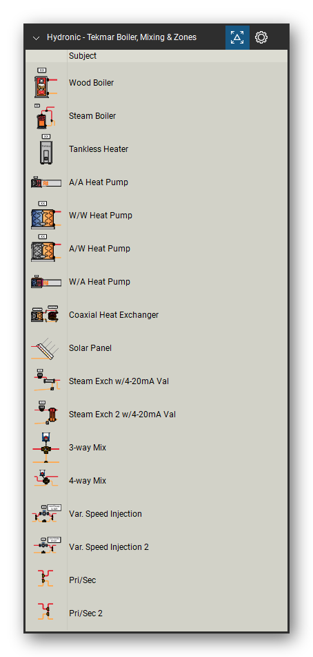 Hydronic Heating & Controls tool set for Bluebeam Revu, Tekmar Boiler, Mixing & Zones set (tools 18-34 of 83) - 17 tools: Wood Boiler, Steam Boiler, Tankless Heater, A/A Heat Pump, W/W Heat Pump, A/W Heat Pump, W/A Heat Pump, Coaxial Heat Exchanger, Solar Panel, Steam Exch w/4-20mA Val and 7 more. Tool Chest in Detail view, one row per tool with its name.
