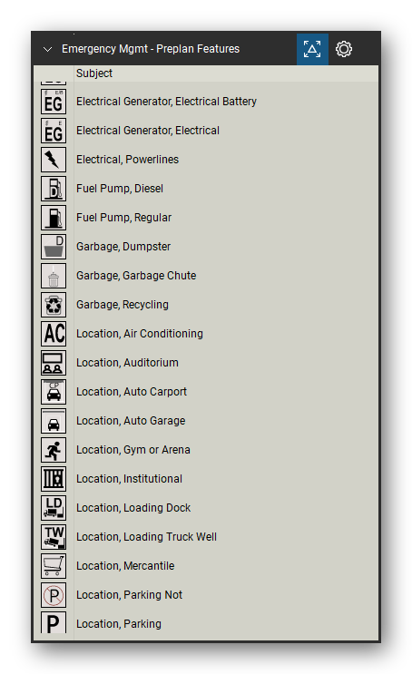 Incident & Emergency Management tool set for Bluebeam Revu, Preplan Features set (tools 20-38 of 93) - 19 tools: Electrical Generator, Electrical Battery, Electrical Generator, Electrical, Electrical, Powerlines, Fuel Pump, Diesel, Fuel Pump, Regular, Garbage, Dumpster, Garbage, Garbage Chute, Garbage, Recycling, Location, Air Conditioning, Location, Auditorium and 9 more. Tool Chest in Detail view, one row per tool with its name.