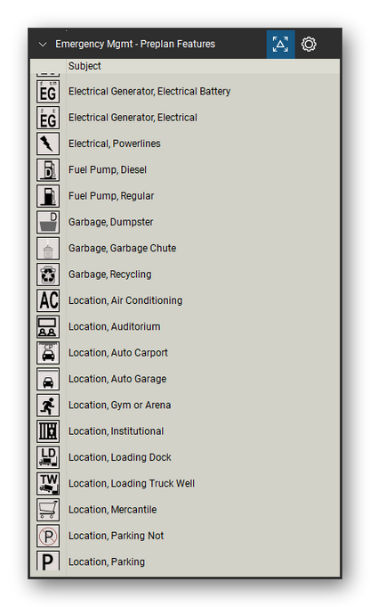 Incident & Emergency Management tool set for Bluebeam Revu, Preplan Features set (tools 20-38 of 93) - 19 tools: Electrical Generator, Electrical Battery, Electrical Generator, Electrical, Electrical, Powerlines, Fuel Pump, Diesel, Fuel Pump, Regular, Garbage, Dumpster, Garbage, Garbage Chute, Garbage, Recycling, Location, Air Conditioning, Location, Auditorium and 9 more. Tool Chest in Detail view, one row per tool with its name.