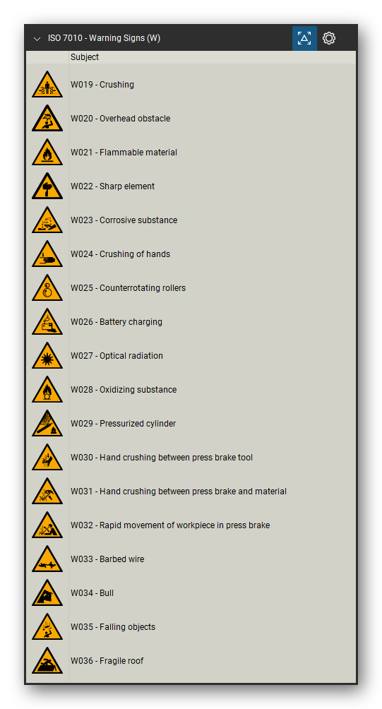 ISO 7010 Safety Signs tool set for Bluebeam Revu, Warning Signs (W) set (part 2 of 5) - 87 yellow warning signs: general warning, explosive, radioactive, laser beam, magnetic field, floor-level obstacle, drop, biological hazard, slippery surface, electricity, forklift trucks, overhead load, toxic, hot surface, crushing, flammable, corrosive, battery charging, pressurized cylinder, arc flash, falling objects, fragile roof and more. Tool Chest in Detail view, one row per sign with its number and full name.