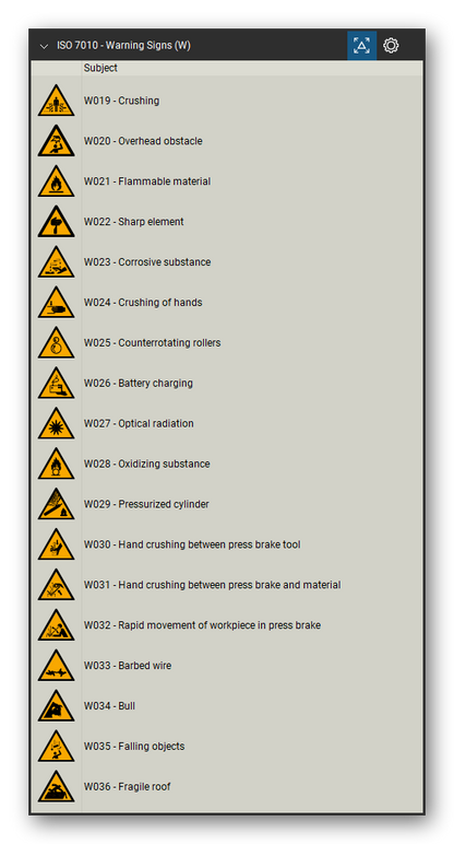 ISO 7010 Safety Signs tool set for Bluebeam Revu, Warning Signs (W) set (part 2 of 5) - 87 yellow warning signs: general warning, explosive, radioactive, laser beam, magnetic field, floor-level obstacle, drop, biological hazard, slippery surface, electricity, forklift trucks, overhead load, toxic, hot surface, crushing, flammable, corrosive, battery charging, pressurized cylinder, arc flash, falling objects, fragile roof and more. Tool Chest in Detail view, one row per sign with its number and full name.