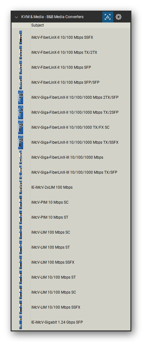 KVM, Console Servers & Media Converters tool set for Bluebeam Revu, B&B Media Converters set (tools 41-60 of 164) - 20 tools: iMcV-FiberLinX-II 10/100 Mbps SSFX, iMcV-FiberLinX-II 10/100 Mbps TX/2TX, iMcV-FiberLinX-II 10/100 Mbps SFP, iMcV-FiberLinX-II 10/100 Mbps SFP/SFP, iMcV-Giga-FiberLinX-II 10/100/1000 Mbps, iMcV-Giga-FiberLinX-II 10/100/1000 TX/FX SC, iMcV-Giga-FiberLinX-III 10/100/1000 Mbps, IE-iMcV-2xLIM 100 Mbps and more. Tool Chest in Detail view, one row per tool with its name.