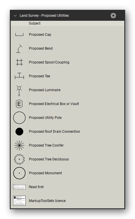Land Survey tool set for Bluebeam Revu, Proposed Utilities set (part 2 of 2) - 23 proposed utility symbols: communication structures and pedestals, wastewater and stormwater manholes and cleanouts, catch basin, drop inlet, water meter, fire hydrant, gate valve, reducer, cap, bend, coupling, tee, luminaire, electrical box, utility pole, roof drain connection, trees and monument. Tool Chest in Detail view, one row per tool with its full name.