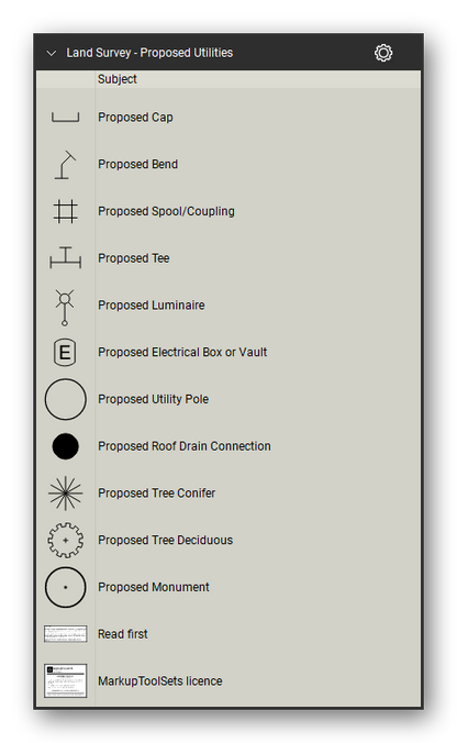 Land Survey tool set for Bluebeam Revu, Proposed Utilities set (part 2 of 2) - 23 proposed utility symbols: communication structures and pedestals, wastewater and stormwater manholes and cleanouts, catch basin, drop inlet, water meter, fire hydrant, gate valve, reducer, cap, bend, coupling, tee, luminaire, electrical box, utility pole, roof drain connection, trees and monument. Tool Chest in Detail view, one row per tool with its full name.