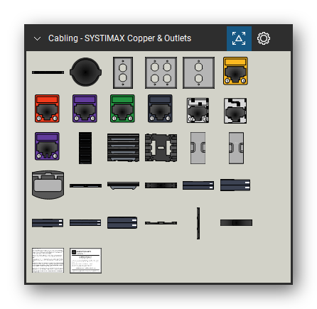 Patch Panels, Fiber & Outlets tool set for Bluebeam Revu, SYSTIMAX Copper & Outlets set - 30 tools: CAT 3 50 Port Panel, MIR-RJ45 INDUSTRIAL, IR12SP, IR24SP, IR22SP, MGS-600-XXX, MGS-400-XXX, MPS100E-XXX, M1BH-H-XXX, M1AH-XXX and 20 more. Tool Chest in Symbol view.
