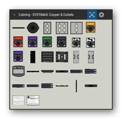 Patch Panels, Fiber & Outlets tool set for Bluebeam Revu, SYSTIMAX Copper & Outlets set - 30 tools: CAT 3 50 Port Panel, MIR-RJ45 INDUSTRIAL, IR12SP, IR24SP, IR22SP, MGS-600-XXX, MGS-400-XXX, MPS100E-XXX, M1BH-H-XXX, M1AH-XXX and 20 more. Tool Chest in Symbol view.