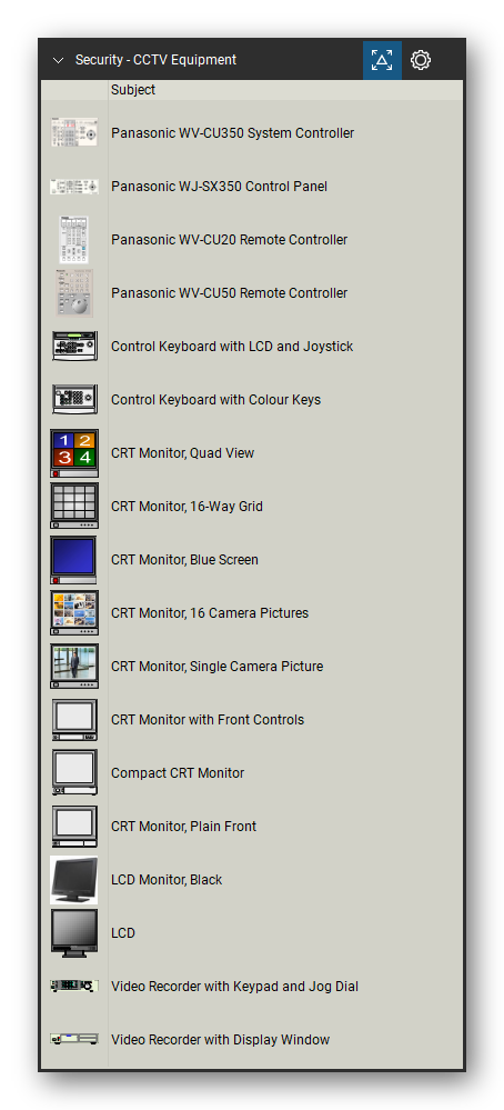 Security & Surveillance tool set for Bluebeam Revu, CCTV Equipment set (tools 20-37 of 54) - 18 tools: Panasonic WV-CU350 System Controller, Panasonic WJ-SX350 Control Panel, Panasonic WV-CU20 Remote Controller, Panasonic WV-CU50 Remote Controller, Control Keyboard with LCD and Joystick, Control Keyboard with Colour Keys, CRT Monitor, Quad View, CRT Monitor, 16-Way Grid, CRT Monitor, Blue Screen, CRT Monitor, 16 Camera Pictures and 8 more. Tool Chest in Detail view, one row per tool with its name.