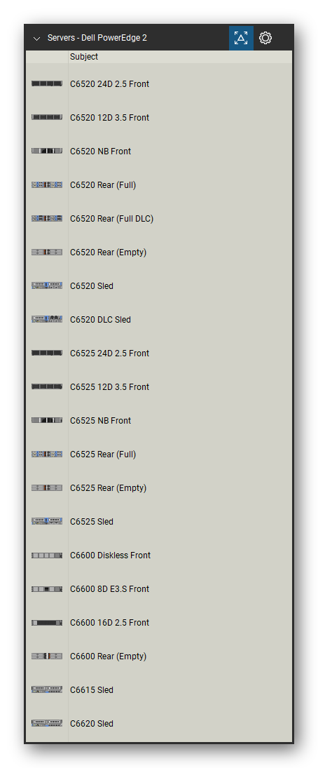Servers tool set for Bluebeam Revu, Dell PowerEdge 2 set (tools 1-20 of 293) - 20 tools: C6520 24D 2.5, C6520 12D 3.5, C6520 NB, C6520 Rear (Full), C6520 Rear (Full DLC), C6520 Rear (Empty), C6520 Sled, C6520 DLC Sled, C6525 24D 2.5, C6525 12D 3.5 and 10 more. Tool Chest in Detail view, one row per tool with its name.