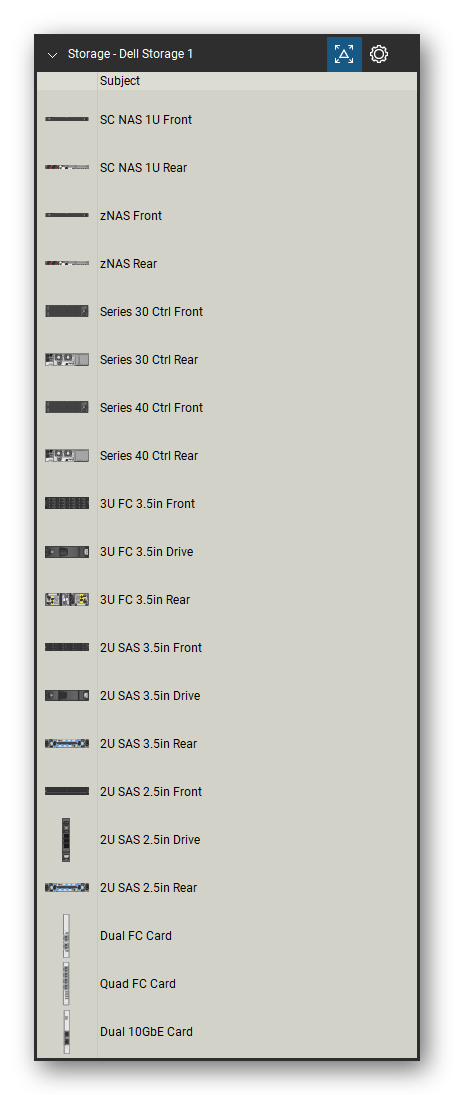 Storage & Backup tool set for Bluebeam Revu, Dell Storage 1 set (tools 1-20 of 224) - 20 views of 13 devices, front and rear: SC NAS 1U, zNAS, Series 30 Ctrl, Series 40 Ctrl, 3U FC 3.5in, 3U FC 3.5in Drive, 2U SAS 3.5in, 2U SAS 3.5in Drive, 2U SAS 2.5in, 2U SAS 2.5in Drive and 3 more. Tool Chest in Detail view, one row per tool with its name.