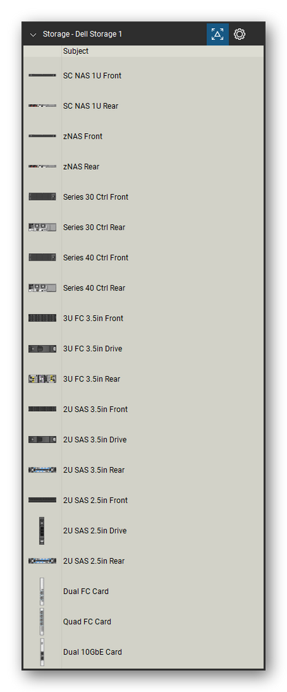 Storage & Backup tool set for Bluebeam Revu, Dell Storage 1 set (tools 1-20 of 224) - 20 views of 13 devices, front and rear: SC NAS 1U, zNAS, Series 30 Ctrl, Series 40 Ctrl, 3U FC 3.5in, 3U FC 3.5in Drive, 2U SAS 3.5in, 2U SAS 3.5in Drive, 2U SAS 2.5in, 2U SAS 2.5in Drive and 3 more. Tool Chest in Detail view, one row per tool with its name.