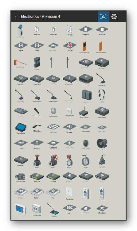 Automation & Electronics tool set for Bluebeam Revu, Hikvision 4 set (tools 1-72 of 186) - 72 views of 71 devices, rear and side: Car Finder Kiosk, Single Door Access Icon, Upright, Double Door Access Icon, Upright, Elevator Icon, Upright, Single Door Access Icon, Flat, Double Door Access Icon, Flat, Input Icon, Flat, Output Icon, Flat, Vehicle Entry/Exit Icon, Flat, Alarm Icon, Flat and 61 more. Tool Chest in Symbol view.