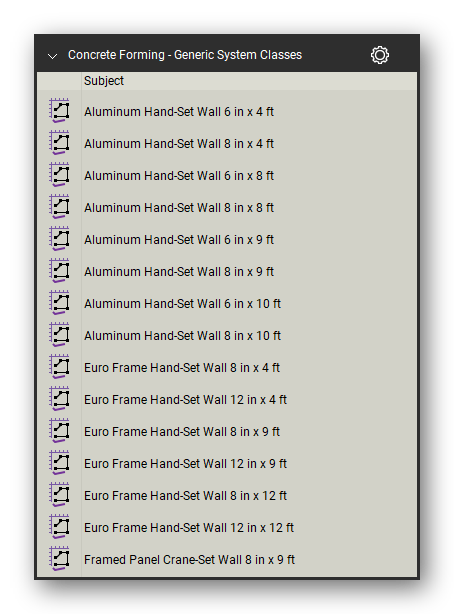 Generic system classes in the Concrete Forming Takeoff & Estimating Bluebeam tool set (sheet 1 of 3)