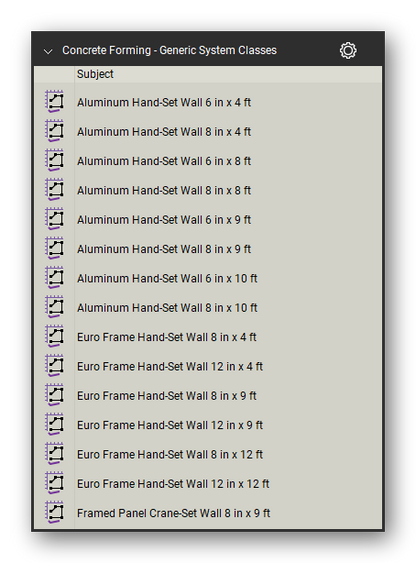 Generic system classes in the Concrete Forming Takeoff & Estimating Bluebeam tool set (sheet 1 of 3)