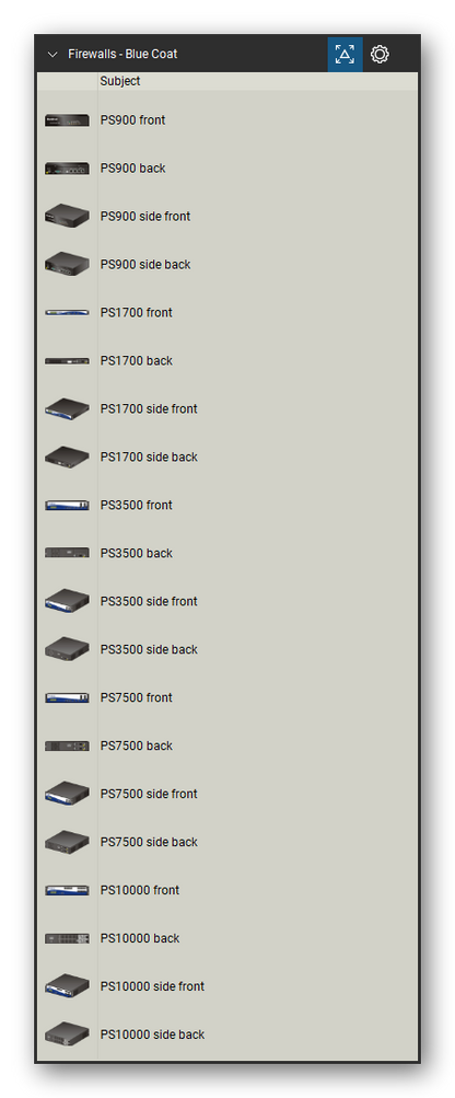 Firewalls & Security Appliances tool set for Bluebeam Revu, Blue Coat set (tools 1-20 of 166) - 20 views of 10 devices, front and rear: PS900, PS900 side, PS1700, PS1700 side, PS3500, PS3500 side, PS7500, PS7500 side, PS10000 and PS10000 side. Tool Chest in Detail view, one row per tool with its name.