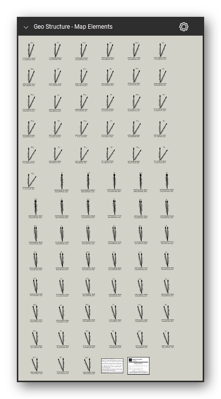 Geologic Structure & Mapping tool set for Bluebeam Revu: Map Elements set, tools 253-327 of 327 (36.1 to 36.2) - Declination arrow. Tool Chest in Symbol view.