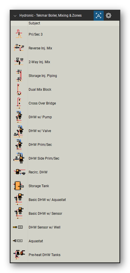 Hydronic Heating & Controls tool set for Bluebeam Revu, Tekmar Boiler, Mixing & Zones set (tools 35-51 of 83) - 17 tools: Pri/Sec 3, Reverse Inj. Mix, 2-Way Inj. Mix, Storage Inj. Piping, Dual Mix Block, Cross Over Bridge, DHW w/ Pump, DHW w/ Valve, DHW Prim/Sec, DHW Side Prim/Sec and 7 more. Tool Chest in Detail view, one row per tool with its name.