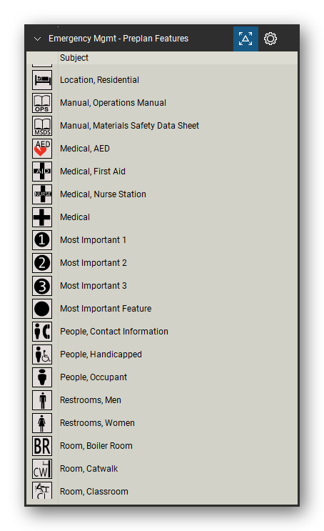 Incident & Emergency Management tool set for Bluebeam Revu, Preplan Features set (tools 39-57 of 93) - 19 tools: Location, Residential, Manual, Operations Manual, Manual, Materials Safety Data Sheet, Medical, AED, Medical, First Aid, Medical, Nurse Station, Medical, Most Important 1, Most Important 2, Most Important 3 and 9 more. Tool Chest in Detail view, one row per tool with its name.