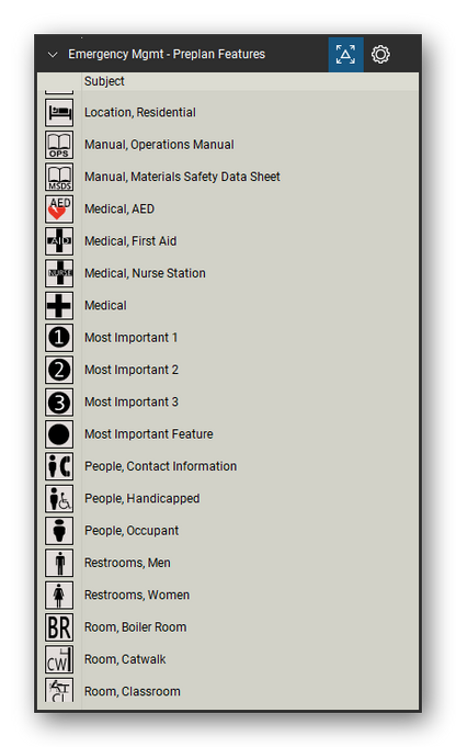 Incident & Emergency Management tool set for Bluebeam Revu, Preplan Features set (tools 39-57 of 93) - 19 tools: Location, Residential, Manual, Operations Manual, Manual, Materials Safety Data Sheet, Medical, AED, Medical, First Aid, Medical, Nurse Station, Medical, Most Important 1, Most Important 2, Most Important 3 and 9 more. Tool Chest in Detail view, one row per tool with its name.